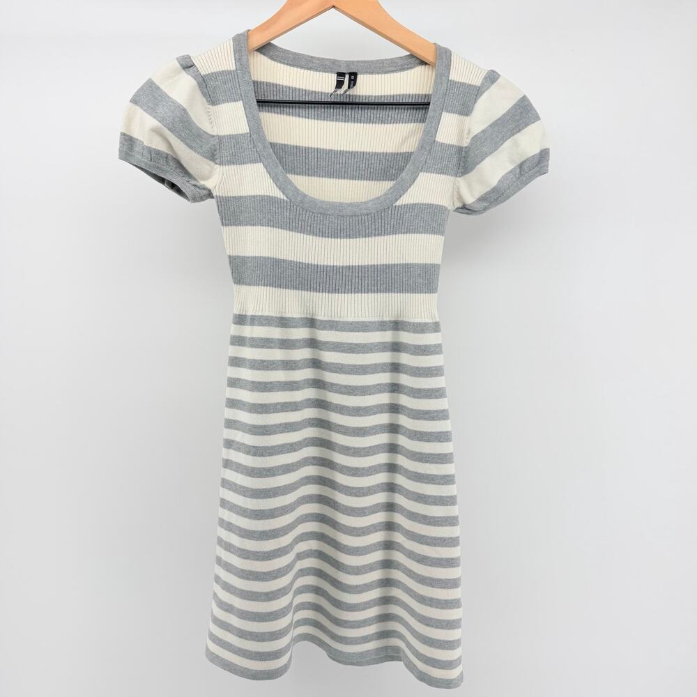 Y2K Vintage Knit Scoop Neck Puff Sleeve Mini Sweater Dress Grey White S